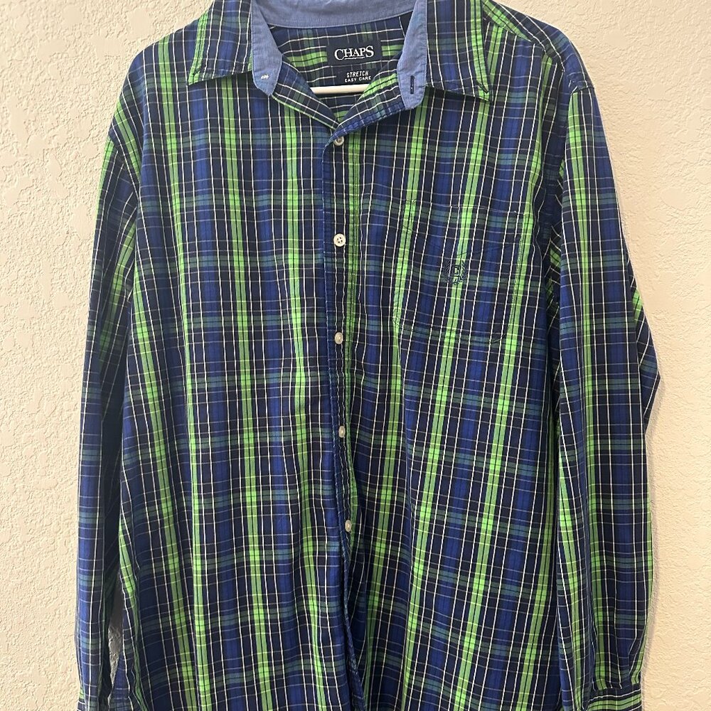 Chaps Blue & Green Plaid Print Long Sleeve Button Down Shirt - L
